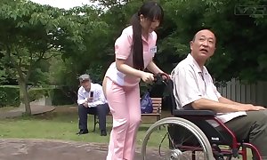 Subtitled aberrant japanese half naked caregiver into the open air